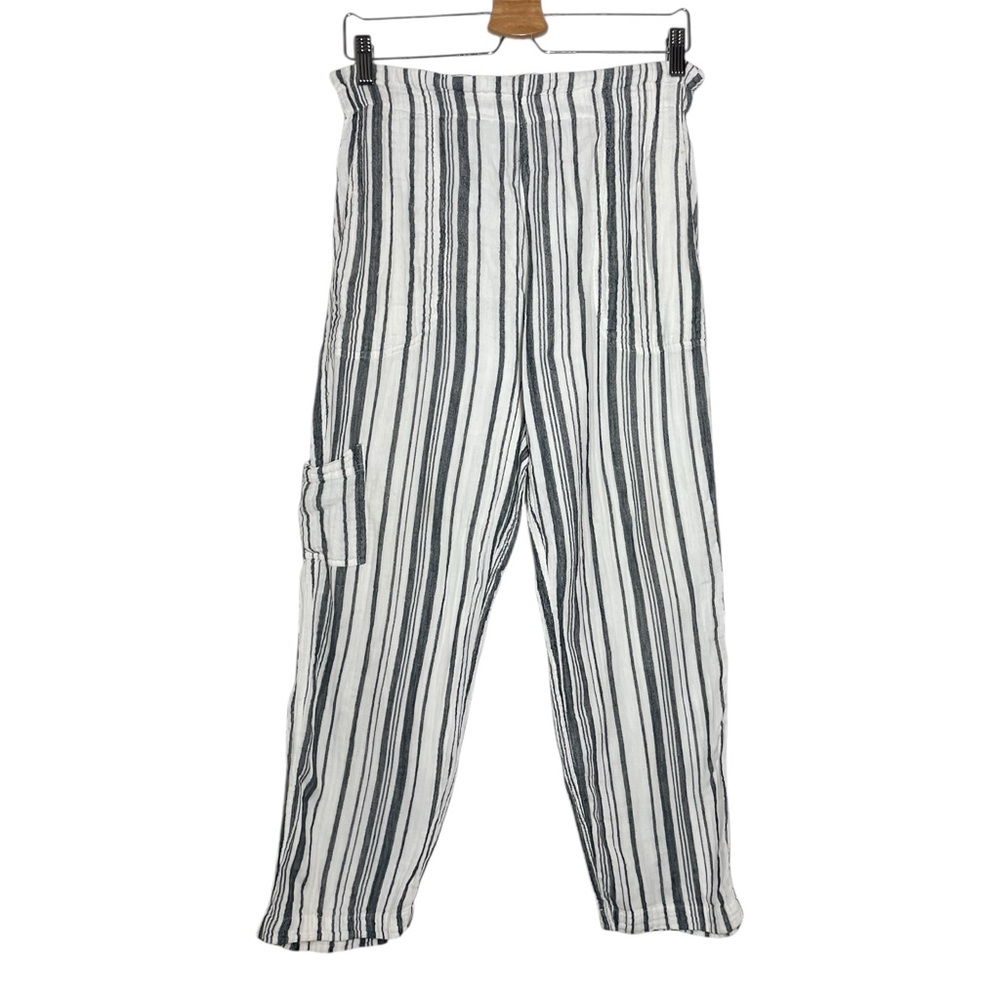 Pietsie Charcoal Gray White Striped Cotton Gauze Pull On Baja Pants Medium